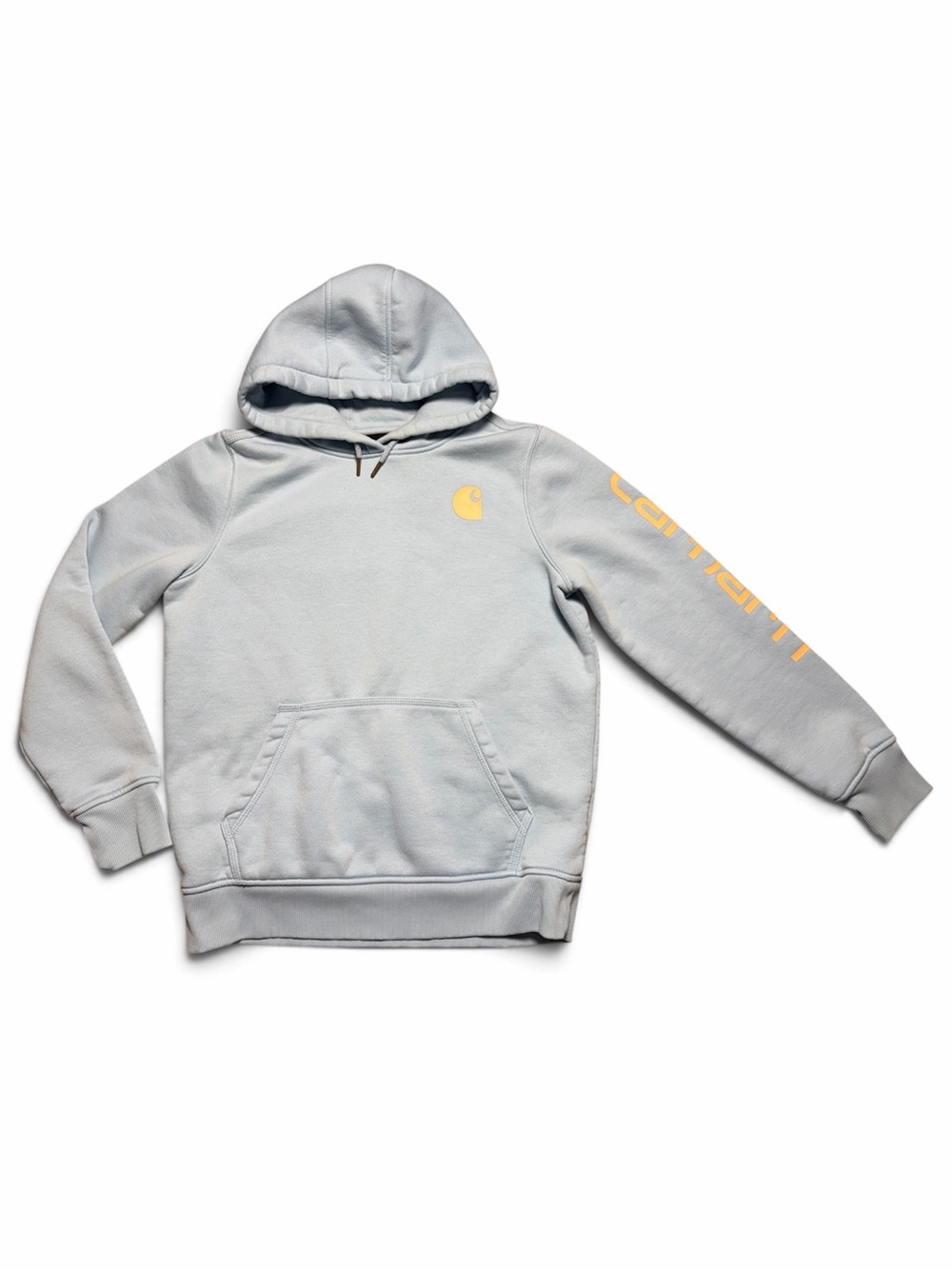 Carhartt Hoodie Women’s Medium 8–10 Light Blue Yellow Sleeve Logo Relaxed Fit